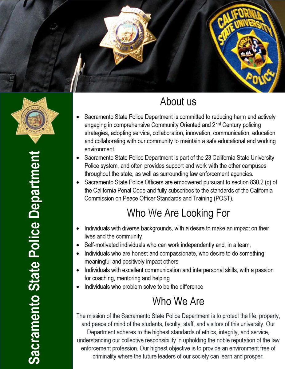 SacStateCrJ's tweet photo. The Sacramento State Police Department is recruiting for our Cadet positions. They will sponsor cadets while attending the police academy. Upon successful completion of the academy, Cadets would be hired as full-time Police Officers with the Sacramento State Police Department. https://t.co/5NOglZOSf0