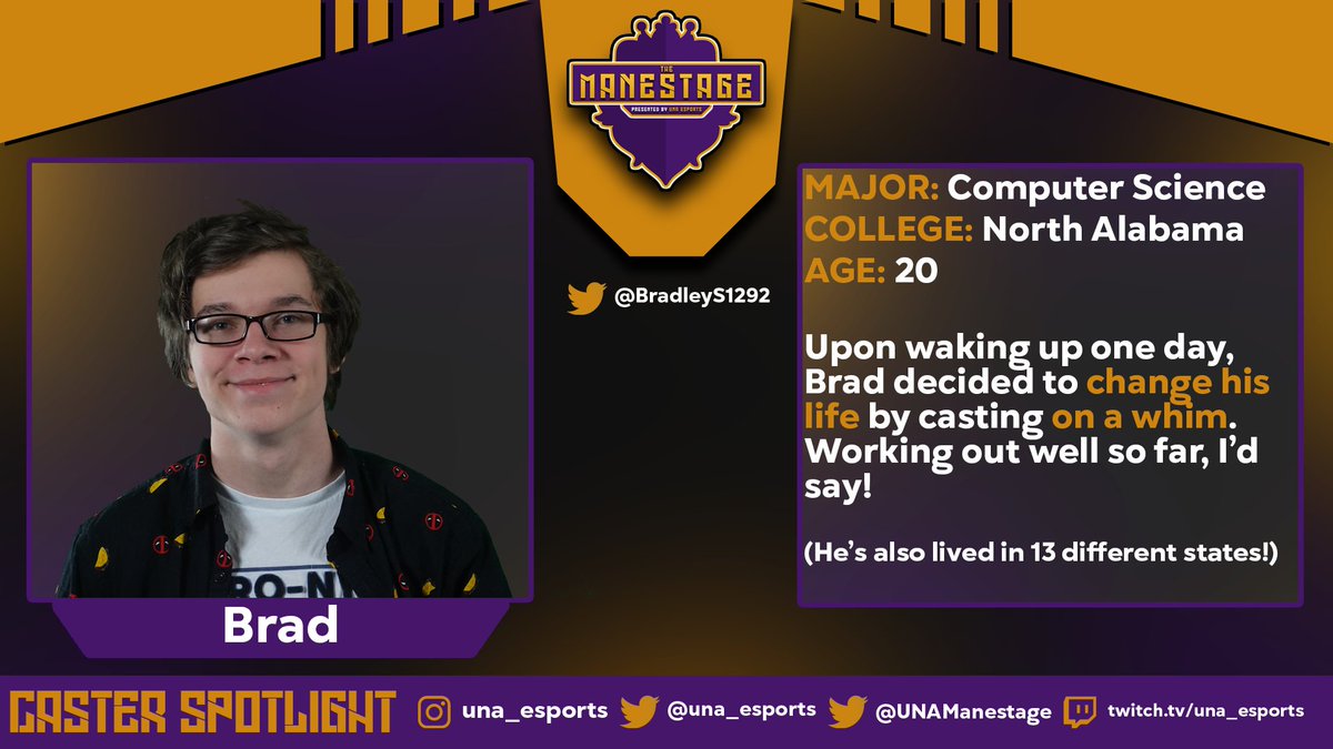 UNAGEvents's tweet photo. 🎙️Announcing our LAN Talents!🎙️

We are dedicating this post to our fan favorite League of Legends caster @BradleyS1202 ! Thanks for all your hard work this season and we all can't wait for you to shine Sunday! https://t.co/WSk2bDOl52