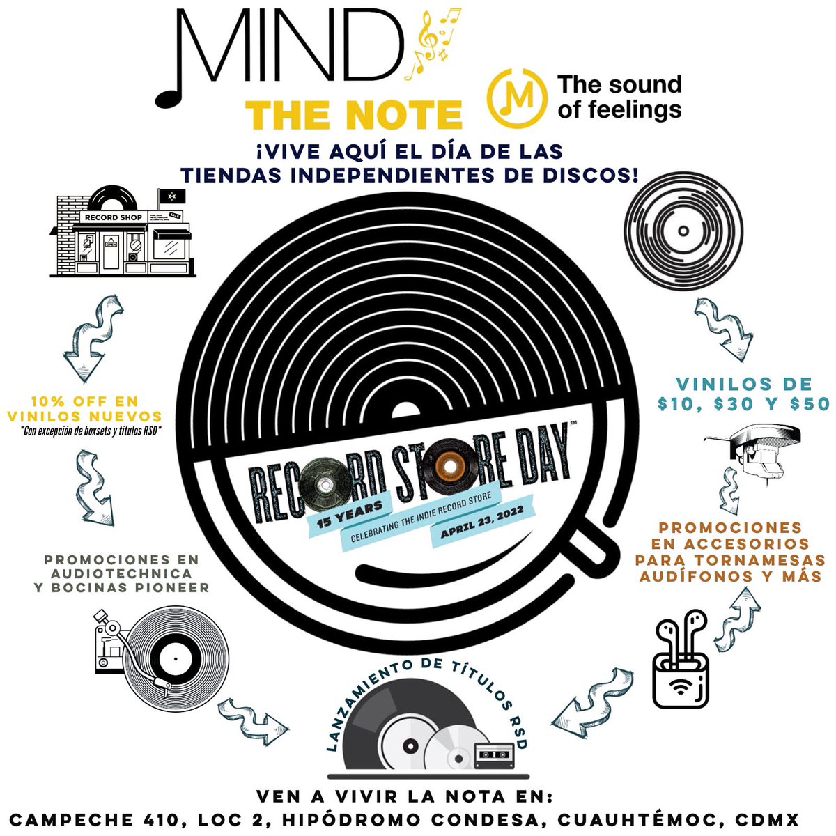 📍 Mind the note
No te pierdas mañana en Mind the note: vinilos desde $10 pesos, 10% de descuento en discos y promociones en accesorios para tornamesas, audífonos, bocinas y ¡más! 🔥