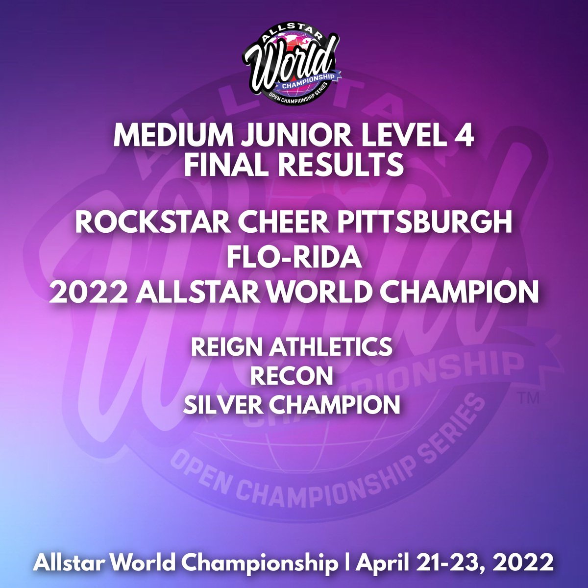 open_champs's tweet photo. 🌎 Congratulations to our 2022 Allstar World Champions in the Following Divisions: 

Small Junior Level 2
Small Junior Level 4
Medium Junior Level 4

#aswc22 #allstarworldchampionship https://t.co/dxp2VXnYaU