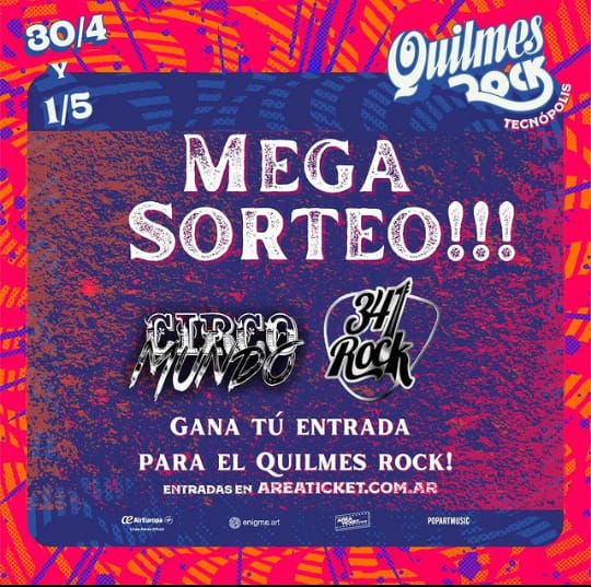💣 #Sorteo
👉 <a href="/341rock/">341 Rock</a> y <a href="/circomundo/">Circo Mundo Rosario</a> sortean 2 entradas individuales para el #QuilmesRock
🖥️📱 ¿Como participar?
➡️ instagram.com/p/CcqXcLQLFEy/…
🔃 RT para que se entere toda #Rosario