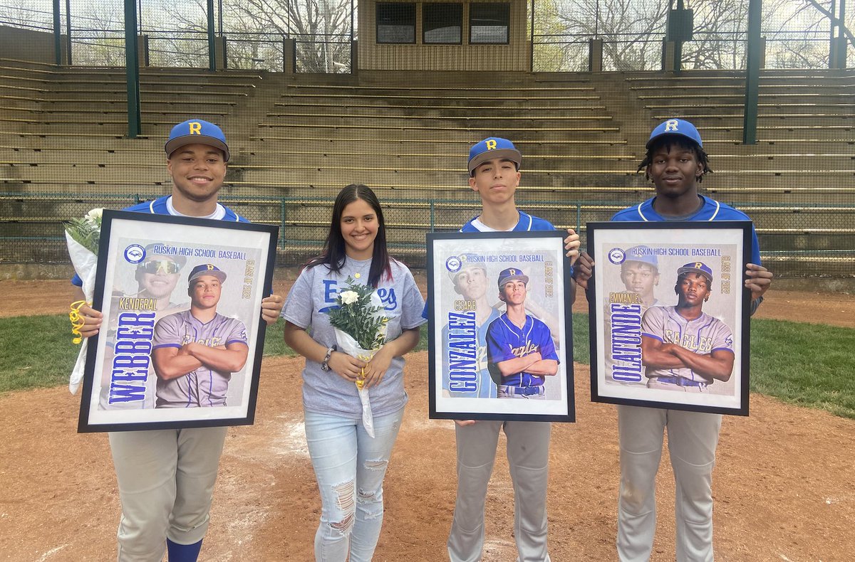 Congrats to Ruskin's senior baseball players.  Emmanuel Oluntunde, Kenderal Webber, Cesar  Gonzalez, and manager Skye Ramos Woods.  Thanks for being great leaders this season! <a href="/ruskinnews/">Ruskin News</a> @ruskinprincipal <a href="/HMC1Proud/">Hickman Mills C-1 School District</a> <a href="/Hockeydon12/">Donny Josephson</a>