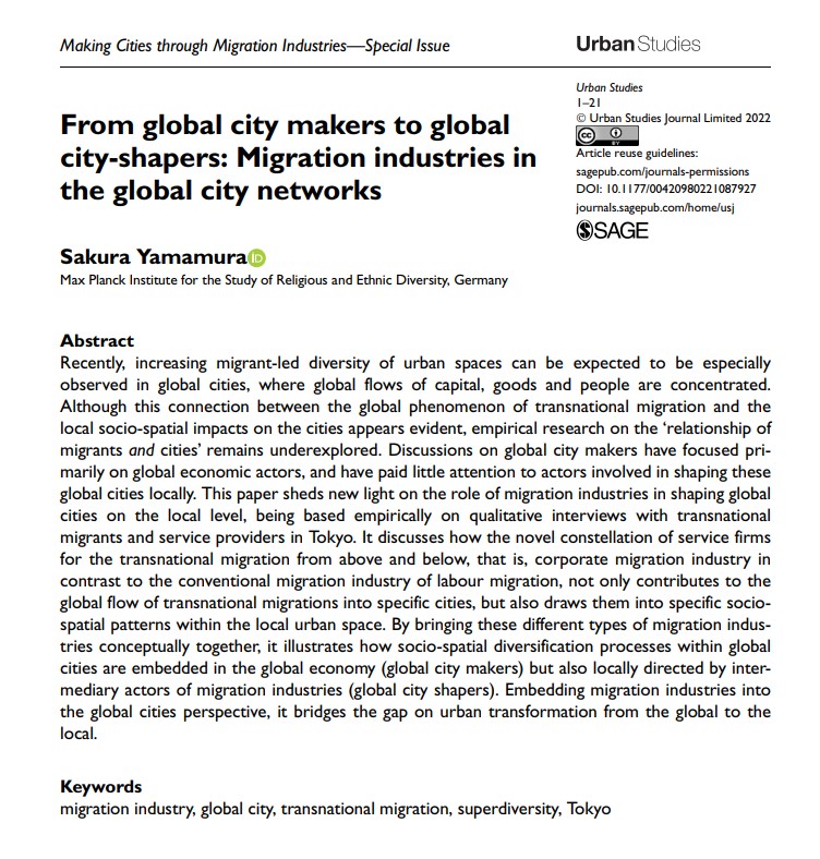 USJ_online's tweet photo. New special issue article from Sakura Yamamura sheds new light on the role of migration industries in shaping #GlobalCities on the local level https://t.co/HSgRlVMMQe #MigrationIndustry #Tokyo https://t.co/mhn3Tfxc06