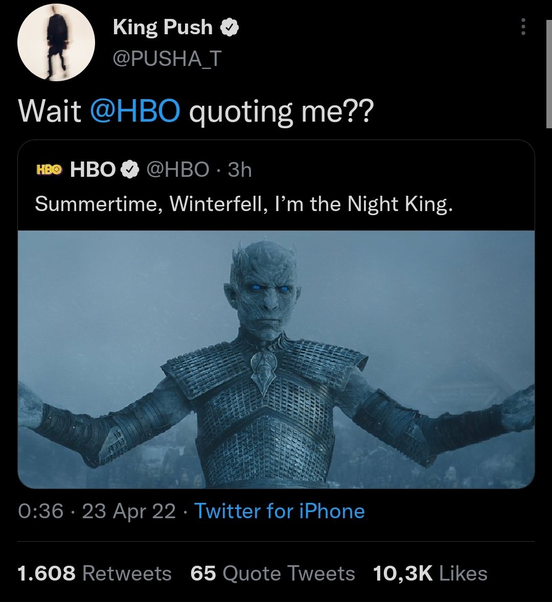 cptnbeef11's tweet photo. @PUSHA_T @HBO Pusha album got better writing than the game of thrones ending💀
#got #VERZUZ #pusha_t https://t.co/ZuQKm0KNNv