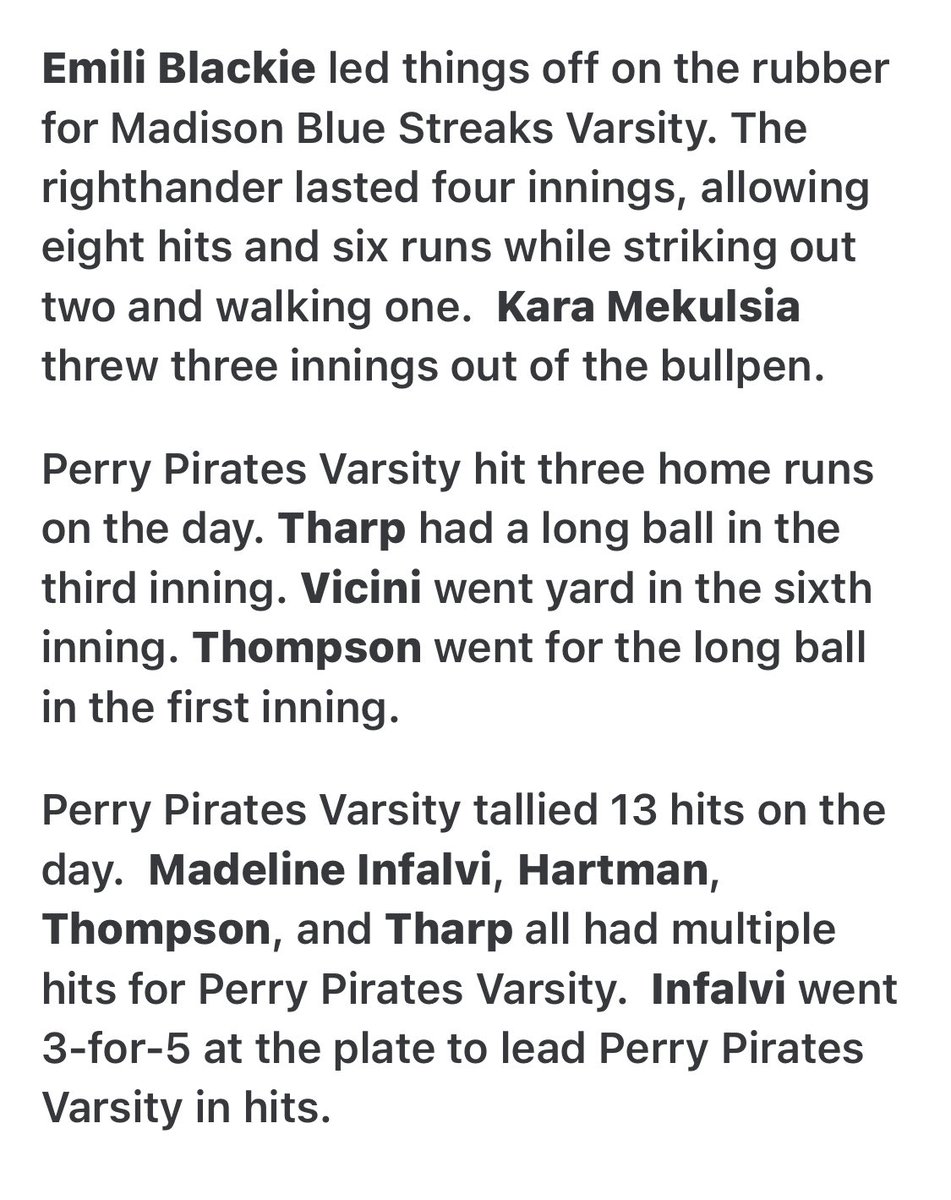 perryhssoftball's tweet photo. Pirates have big day behind Home runs from Gianna Vicini, Calli Thompson and Freshman Rosalyn Tharp! Great Team hitting and a five hit pitching performance from Faith Hartman. This game is about adjustments and we adjusted all around. https://t.co/yncmSy9Ses