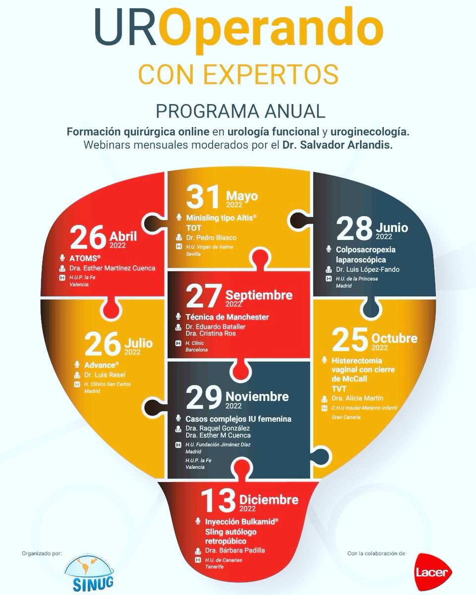 sinug_org's tweet photo. ¿Quieres actualizarte en las últimas tendencias quirúrgicas en Urología Funcional y UroGinecología?
Aprovecha el #findesemana para apuntarte a #UROperando y aprender de los mejores cirujanos del país.
¡Comenzamos la semana que viene!
#formación #SINUGvirtual #Lacer https://t.co/y5PMQH41GX