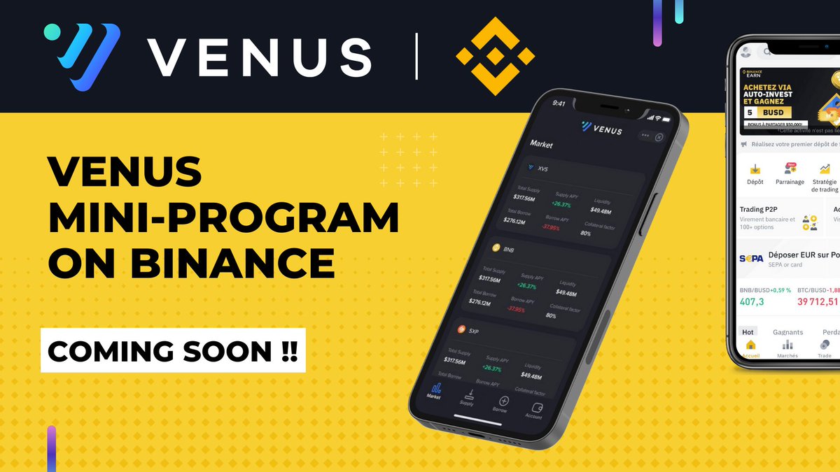 VenusProtocol's tweet photo. 🤝 NEW PARTNERSHIP

🎉 We are proud to officially announce our biggest and newest partnership.

The moment you've all been waiting for is almost here! Soon everyone
will be able to Lend, Borrow and Earn on #VenusProtocol without leaving Binance! 🎉

@BNBCHAIN @binance $XVS #DeFi https://t.co/9c1wB18RwB