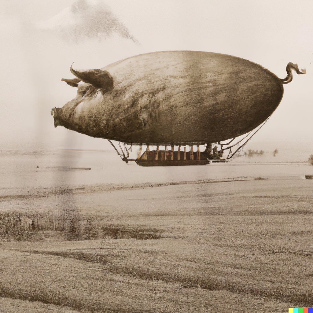 cali_wx's tweet photo. An old photograph of a 1920s airship shaped like a pig, floating over a wheat field. #dalle #dalle2 https://t.co/KNKdTvf3qT