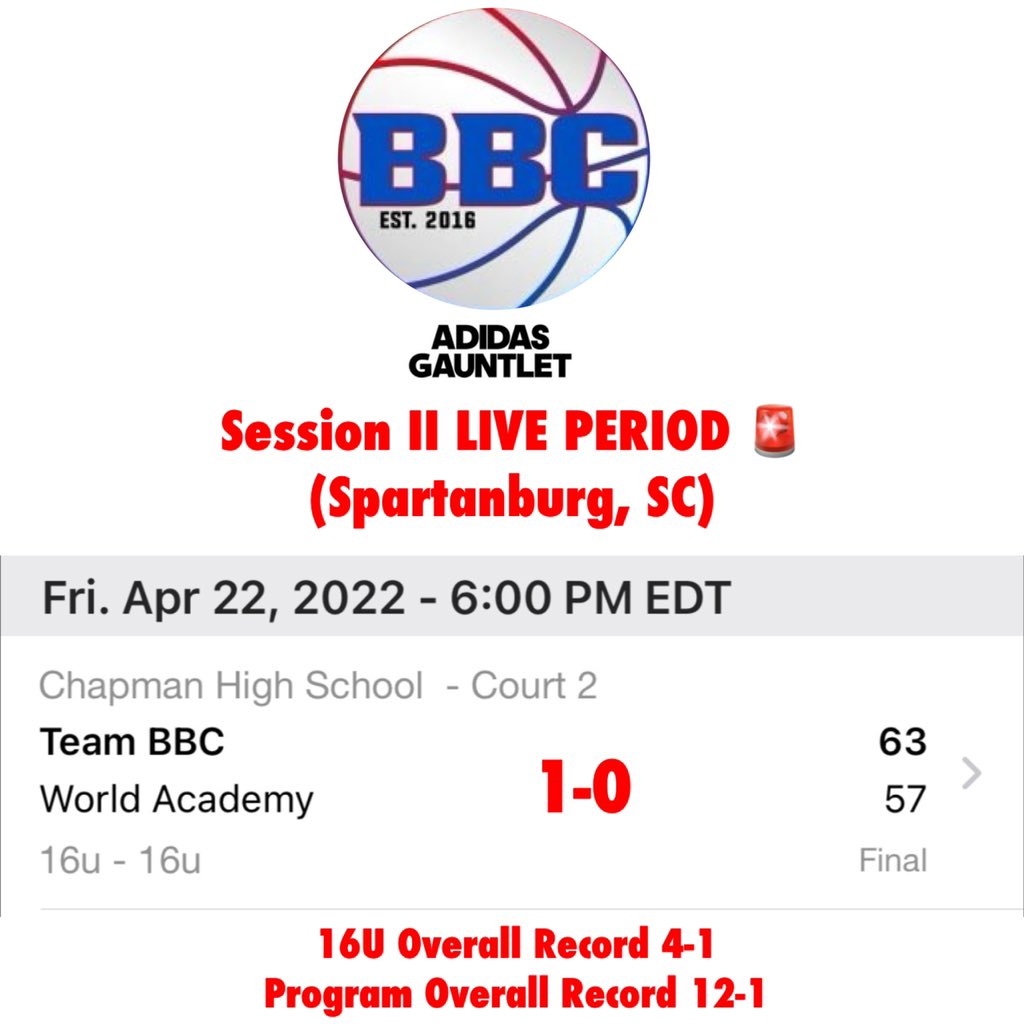 TheTeamBBC's tweet photo. Adidas Gold Gauntlet Session II
LIVE PERIOD 🚨Spartanburg, SC
16U 1-0 (Overall Gauntlet Record 4-1)
WHO WANT TO BE NEXT? #NBA1stRd #NBAAllRookieTeam #McDonaldsAllAmerican #USAB #CAAPOY #SECPOY #AllA10 #AllBigSouth #AllMEAC #AllPatriotLeague
#EmbraceTheGrind #EmbraceTheStage https://t.co/XbfYQOOCmC