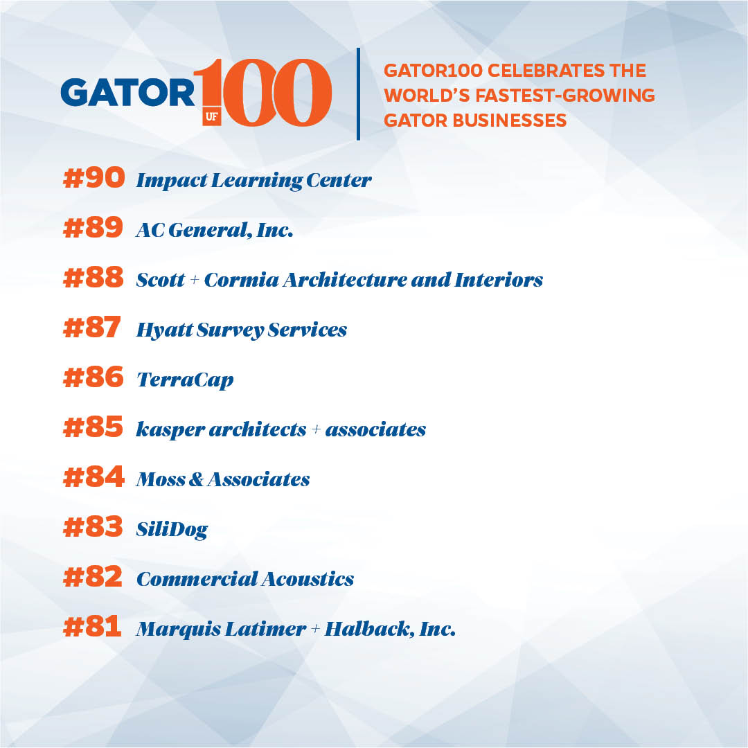 Let's hear it for our next group of #Gator100 companies! Congrats to Impact Learning Center, <a href="/ACGeneral18/">AC General</a>, @scottcormia, Hyatt Survey Services, TerraCap, kasper architects + associates, <a href="/mossconstruct/">Moss</a>, <a href="/SiliDog/">SiliDog</a> <a href="/AcousticsExpert/">Commercial-Acoustics</a> &amp; Marquis Latimer + Hallback, Inc. #GoGators