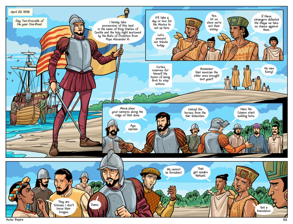 AztecEmpire1520's tweet image. 503 years ago TODAY. The Spanish fleet disembarks at Chalchicohuecan. The Totonac are the first to greet the strangers. A Mexica delegation will arrive tomorrow. 
Compare our series' depiction with Bernal Diaz's memoirs. gutenberg.org/files/32474/32…