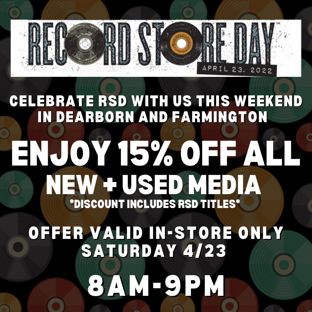 DearbornMusic's tweet photo. #RecordStoreDay is happening TOMORROW Saturday 4/23 and we are celebrating with a 15% OFF SALE on ALL NEW &amp; USED MEDIA 🎶 Don’t miss out!! This sale is ONE DAY ONLY for RSD on 4/23 🥳 We hope to see you in-store this weekend!! https://t.co/nlUekDIXwA
