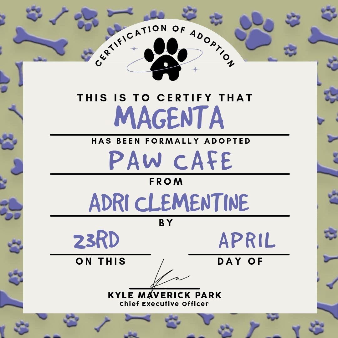 ⠀⠀⠀⠀⠀⠀⠀⠀⠀
⠀⠀⠀⠀[ 🐾 ] YOU RECEIVED A PET!

⠀⠀⠀𓏲 from  ›  PAW⠀CAFE.⠀
⠀⠀⠀𓏲 to      ›  <a href="/adriclementine/">CLÉ.</a>

⠀ 💬 “A late surprise pet delivery for you! We hope you will love Magenta.”
⠀⠀⠀⠀⠀⠀⠀⠀⠀