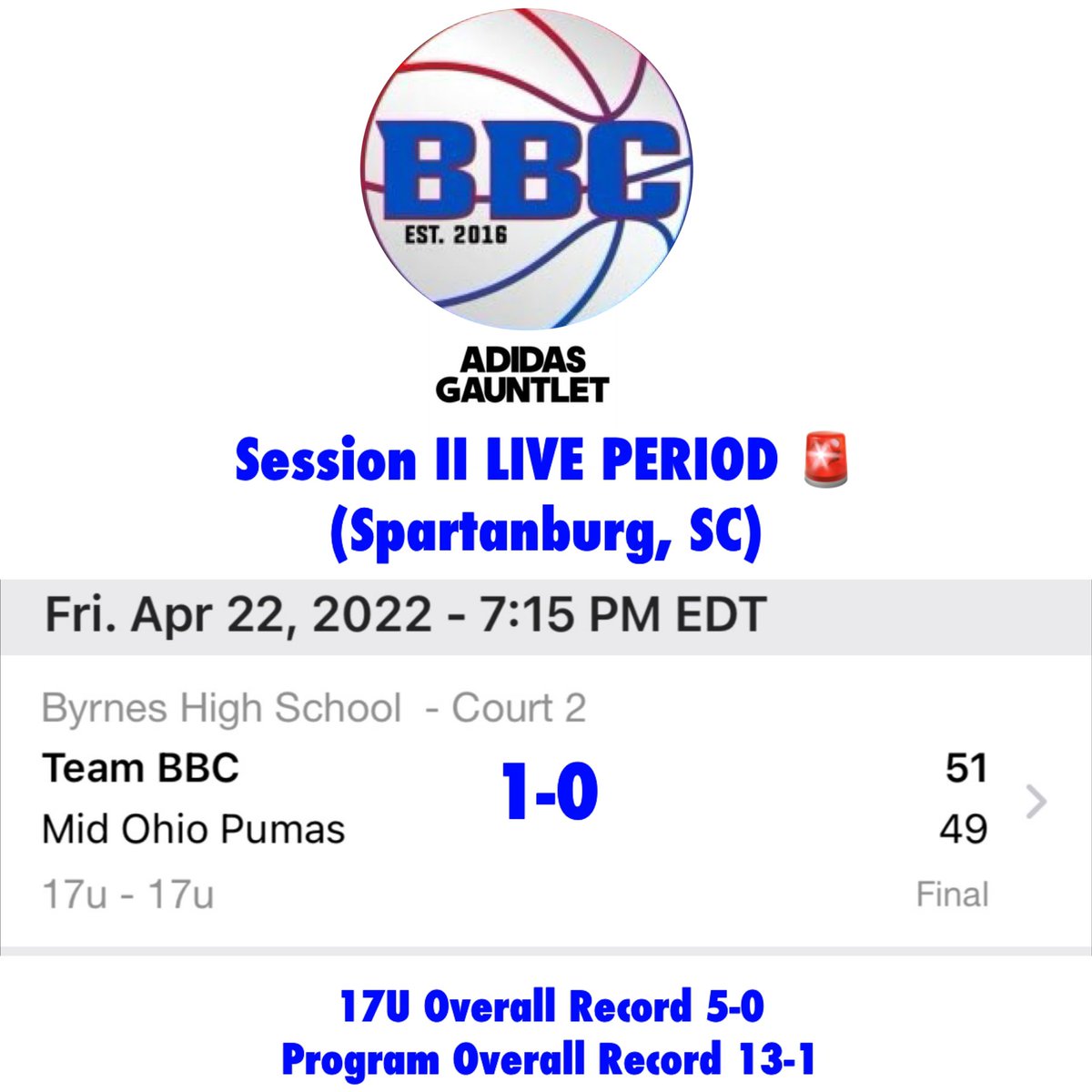 TheTeamBBC's tweet photo. Adidas Gold Gauntlet Session II
LIVE PERIOD🚨Spartanburg,SC
17U def Mid Ohio Pumas
1-0 (Overall Gauntlet Record 5-0)
WHO WANT TO BE NEXT? #NBA1stRd #NBAAllRookieTeam #McDonaldsAllAmerican #USAB #CAAPOY #SECPOY #AllA10 #AllBigSouth #AllMEAC #AllPatriotLeague
#EmbraceTheGrind https://t.co/enYxxsscWR