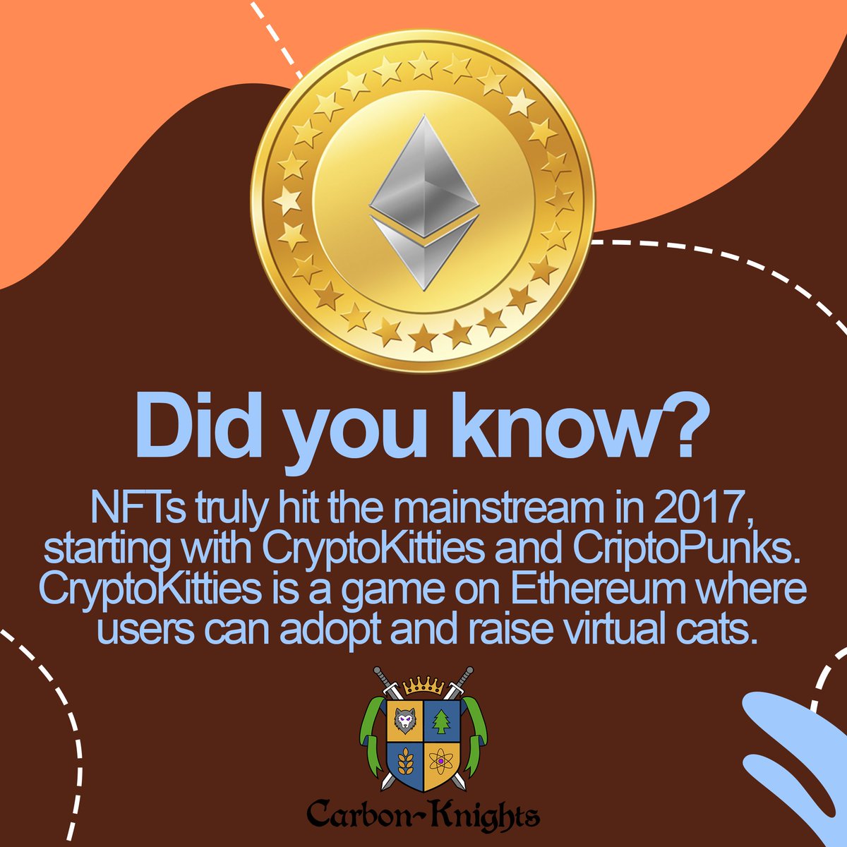 NFTs truly hit the mainstream in 2017, starting with CryptoKitties and CriptoPunks. CryptoKitties is a game on Ethereum where users can adopt and raise virtual cats.
.
Follow us on 👉 <a href="/carbon_knights/">Carbon Knight Club</a>
.
#Carbonknightclub #nfts #nftart #nftcommunity