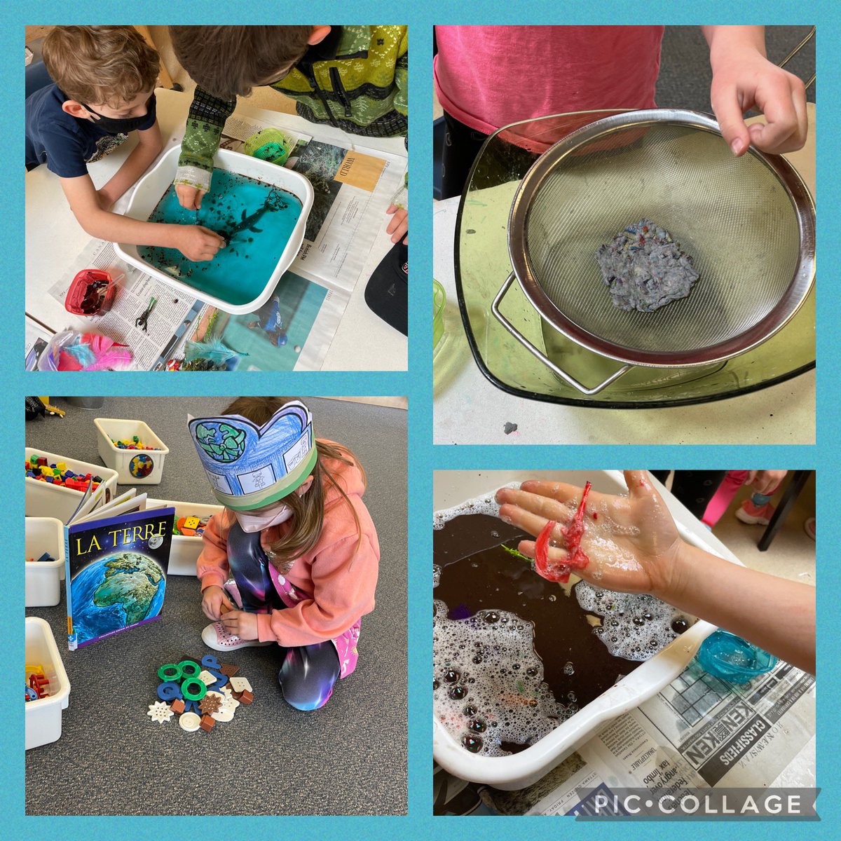 Célébrons le Jour de la Terre! 🌎🌱Our kinders worked with recyclables like newspaper, plastic lids &amp; elastics to make our own seed paper, paper maché &amp; loose part planet Earths. We explored water pollution as we tried cleaning oil off feathers &amp; sea creatures! #EarthDay2022