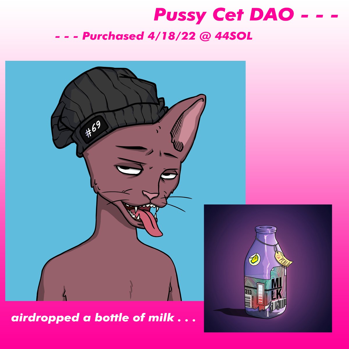 The Pussy Cets acquired this bad cet from <a href="/CetsOnCreck/">CetsOnCreck is now CETS</a> just in time for the bottle of milk to get airdropped ~ Our DAO is set out on a mission to reward #SNECKSHOP Pussy Cet associates ~