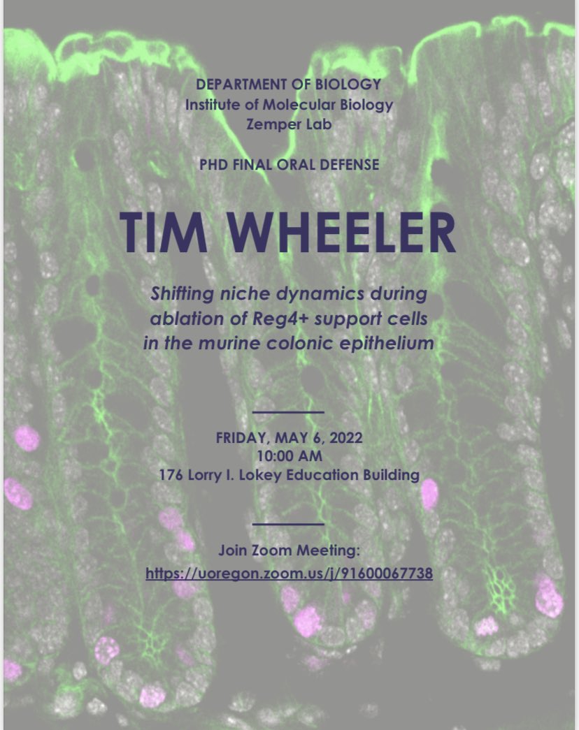 ZempLab's tweet photo. First #zemperlab PhD student defense flier is out! So proud of Tim! #gitwitter #colonbiology #gutscience @ZempLab https://t.co/3hViNxajLi