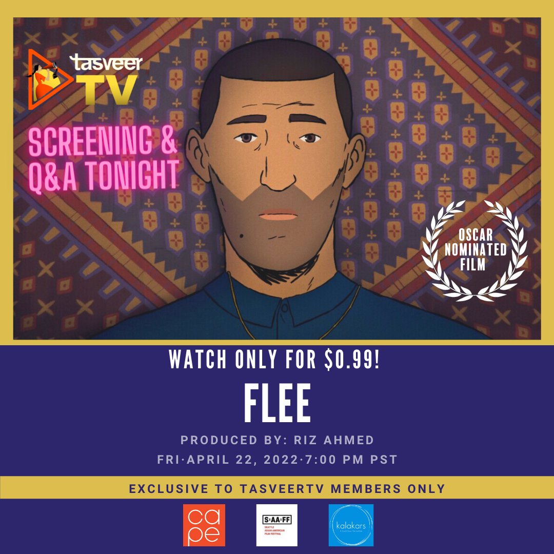 Join @tasveerorg for a virtual screening of the Oscar-nominated film FLEE and Q&amp;A tonight, 4/22, at 7PM. Nominated for Best Documentary, Animated Film and Foreign Language Film, this film tells the story of a man fleeing from his home country as a refugee. bit.ly/3uPyBFC