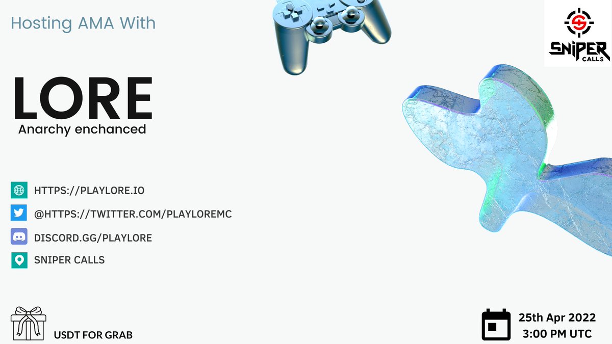 snipercalls's tweet photo. We are Pleased to announce or 20th AMA session with @PLAYLOREMC 

📌Join us

Venue- https://t.co/9VZ73VJxNA
DATE- 25th april,2022
TIME- 03 PM UTC

Share USDT for winners

Post Questions in comments below https://t.co/kDezbIAIcy