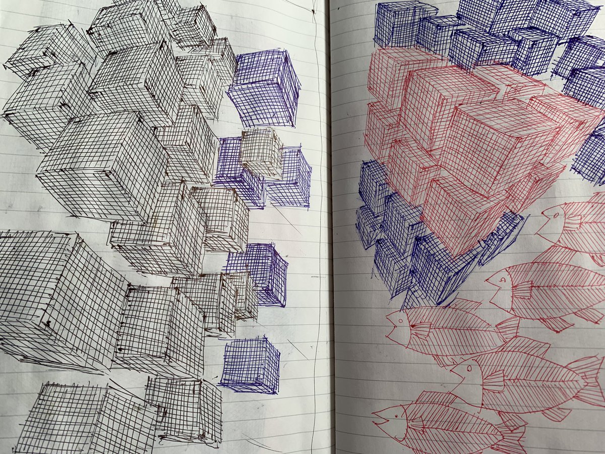 病院の待合室などで
息子を落ち着かせるためにお絵描きをよくしてあげるのですが、
そのノートの一部です。
息子は箱と魚しか描くことを許してくれない🤣
キューブ状のものと魚、ちょっとしたアート作品のようだ 