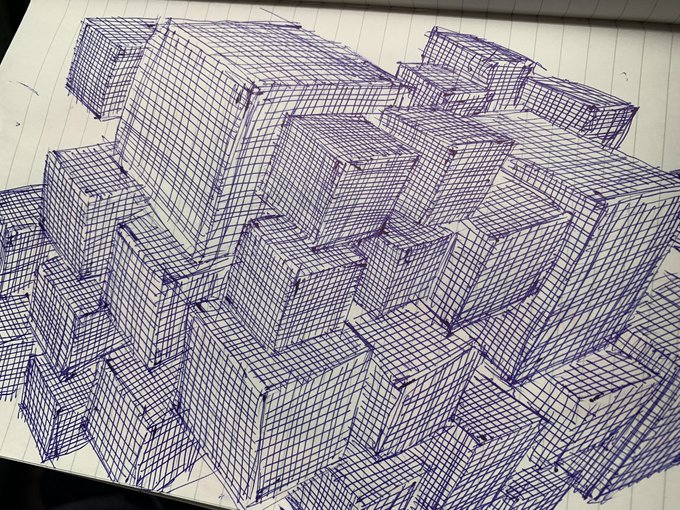 病院の待合室などで
息子を落ち着かせるためにお絵描きをよくしてあげるのですが、
そのノートの一部です。
息子は箱と魚しか描くことを許してくれない🤣
キューブ状のものと魚、ちょっとしたアート作品のようだ 