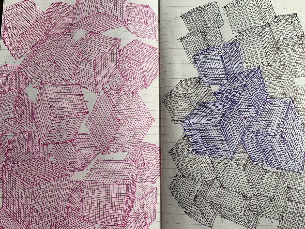 病院の待合室などで
息子を落ち着かせるためにお絵描きをよくしてあげるのですが、
そのノートの一部です。
息子は箱と魚しか描くことを許してくれない🤣
キューブ状のものと魚、ちょっとしたアート作品のようだ 