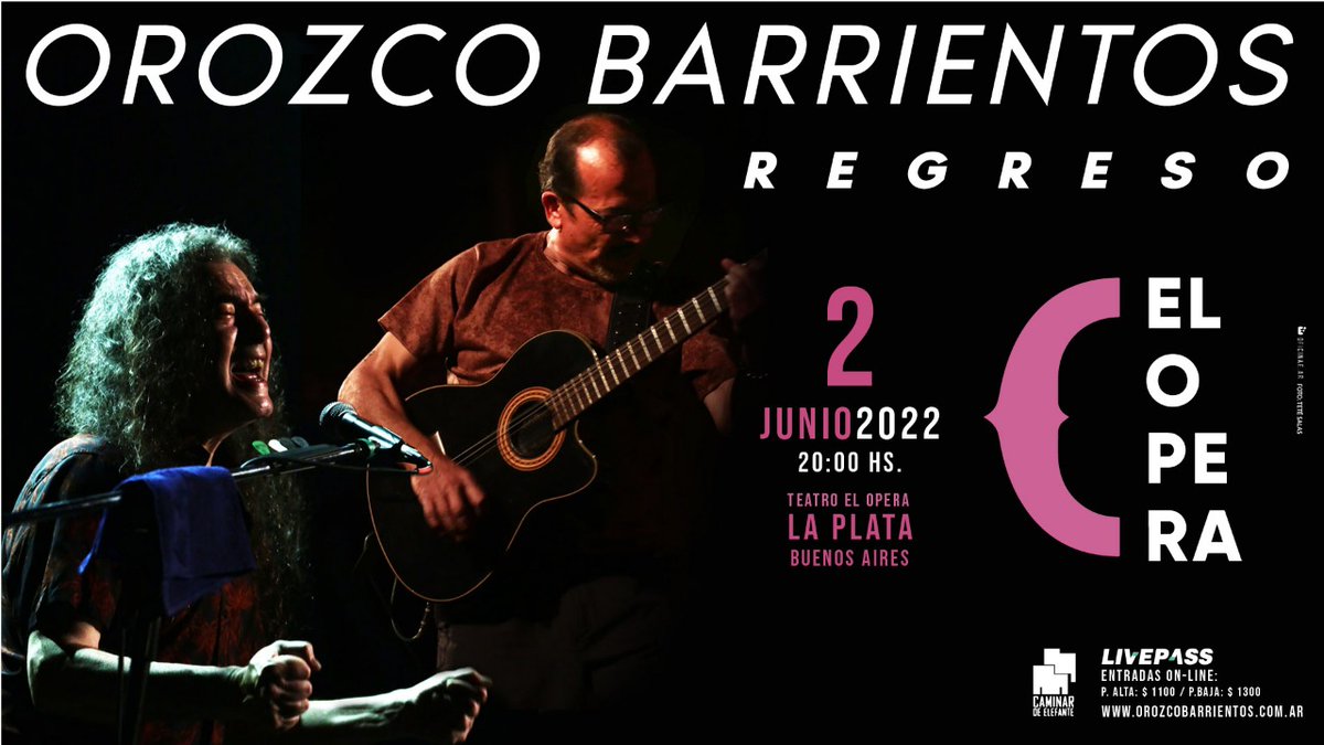 Vuelve #OrozcoBarrientos a La Plata a presentar su nuevo disco #Regreso en el icónico Teatro <a href="/operalaplata/">El Opera</a> 
Entradas aquí --> livepass.com.ar/events/orozco-…