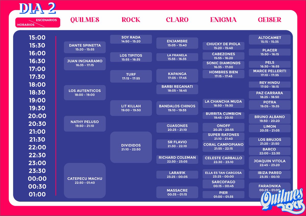 Realice la lista de horarios de cada concierto del #Quilmesrock por día, horario y escenario así se ve cuáles se superponen o cuánto vas a tener que correr... como Twitter es comunidad pintó compartirlo <a href="/Quilmes_Cerveza/">Quilmes Cerveza</a> !