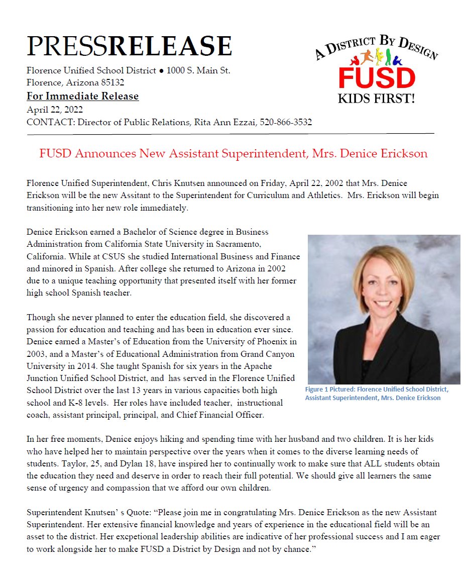 Congratulations to the new FUSD Assistant Superintendent, Mrs. Denice Erickson!  <a href="/FloAZBlade/">Florence Reminder & Blade-Tribune</a> <a href="/SanTanNews/">The Ledger</a> <a href="/santanvalleyaz/">SanTanValley.com</a> <a href="/azednews/">azednews</a>