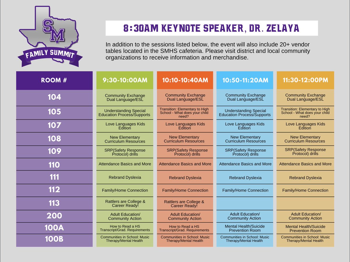 Our fabulous #SMCISD team is so excited to see our #families &amp; #teachers tomorrow for our Rattler Family Summit <a href="/SMHS_SMCISD/">San Marcos High School</a> Keynote inspirational speaker <a href="/DrZelayaSpeaks/">Dr. Jose Luis Zelaya</a> at 8:30 am in the PAC! Check out the sessions! Tour our State of the Art STEAM center!