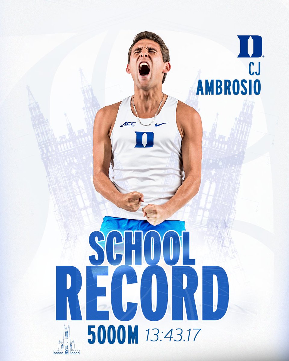 DukeTFXC's tweet image. 🚨 𝘾𝙅 𝘼𝙈𝘽𝙍𝙊𝙎𝙄𝙊. 𝙎𝘾𝙃𝙊𝙊𝙇 𝙍𝙀𝘾𝙊𝙍𝘿 🚨

The men's 5000m School Record stood for 47 years, until tonight. CJ Ambrosio shaves 22 seconds off his personal best to run 13:43.17, the fastest 5000 in Duke History🔥