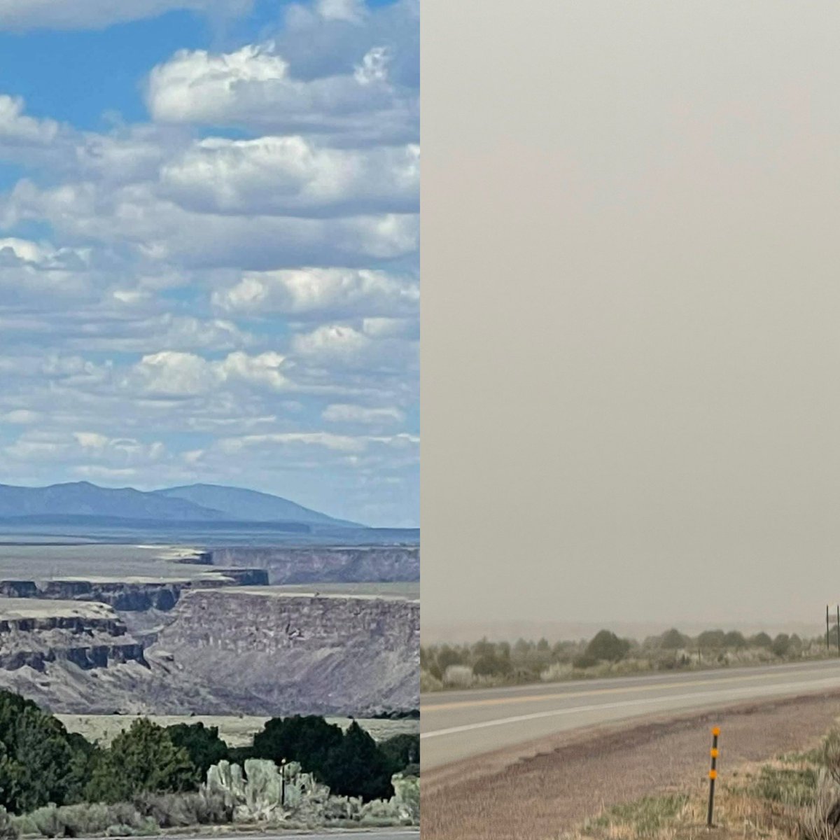 mamajenninabq1's tweet photo. My favorite view coming home. Left pic 9/21/21-Right pic 4/22/22 🥲💙🙏🏼smoke & dust #prayforNM #NewMexicoTRUE #taos https://t.co/ZQ3kjZKgSe