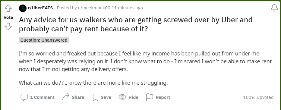 GripRoom's tweet photo. This is what happens when low-wage workers don't have employment protections.

Uber Eats has effectively laid off thousands of workers without paying any compensation. They did this by reducing their work by 90-100%.

I feel so bad for these people :(

Do better, @Uber @UberEats https://t.co/Sl1J82ZtHZ