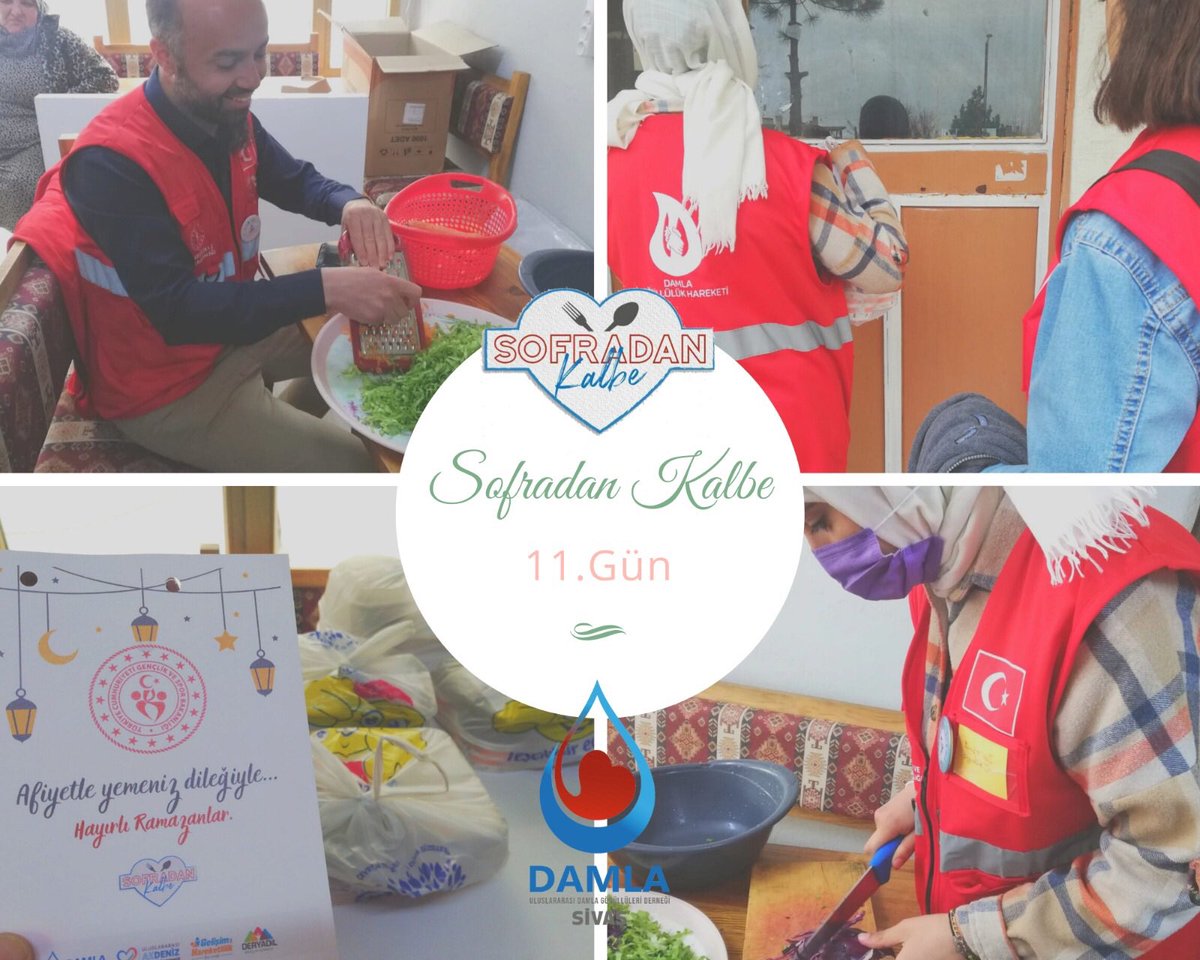Sofradan Kalbe 11.gününü tamamladı. Ailelerimizin sofrası renklendi. Yüzlerde tebessüm, kalplerde ve sofralarda sıcaklık bırakmaya devam ediyoruz. 
.
<a href="/DamlaVolunteers/">Uluslararası Damla Gönüllüleri</a> 
<a href="/gonullufed/">Gönüllülük Federasyonu</a> 
<a href="/kasapoglu/">Dr. Mehmet Kasapoğlu</a> 
<a href="/gencliksporbak/">Gençlik ve Spor Bakanlığı 🇹🇷</a> 
.
#baharaaçangönüller
#sofradankalbe