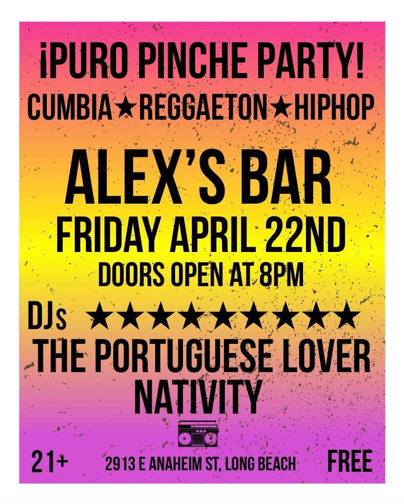 DJing at <a href="/alexsbar/">Alex's Bar LBC</a> tonight for #puropincheparty. Free.99. 8pm Doors. #cumbia #reggaeton #hiphopclassics 🔊💃🏻🕺🏻❤️✌🏼