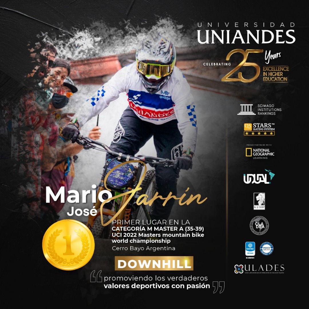 Muy emocionados felicitamos a nuestro deportista de alto rendimiento Mario Jose Jarrin quien se proclamó "Campeón Mundial de DownHill" en la categoría M Master A en el circuito Kamikaze de Cerro Bayo, en #Argentina.

#UniandesEc #CampeonMundial #proyectamos #pasion