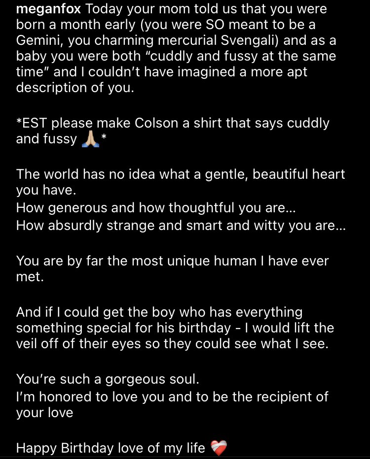 HippyHawking's tweet photo. Say what you want about Machine Gun Kelly and Megan Fox’s relationship, this caption is the purest thing I’ve ever read! 🖤 #happybdaymgk https://t.co/f0qqiT4Tcx