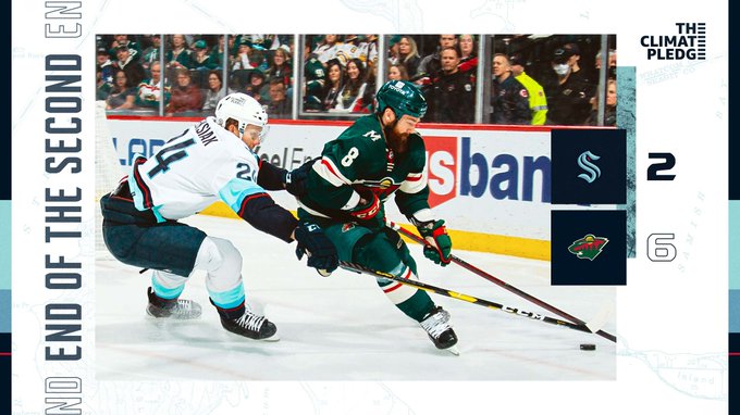 end of second period graphic image of oleksiak battling for puck score is 6-2, wild