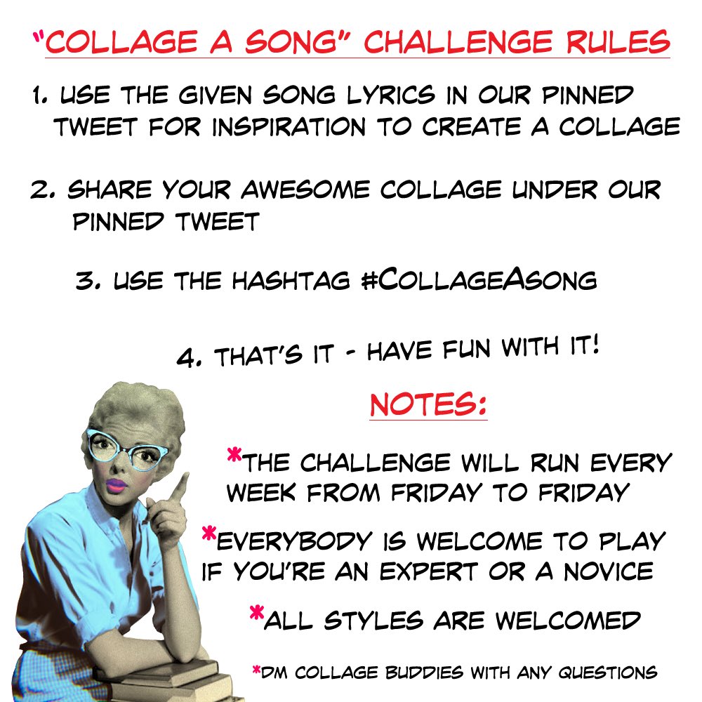 CollageBuddies's tweet photo. Check out the new #collageAsong lyrics, chosen for us by @CoinSeer :
COPACABANA by Barry Mannilow.
You can read the lyrics here and listen to it in the link in the thread below 👇 
Let’s see YOUR collage interpretation to the lyrics!

*This song will be up until April 22nd https://t.co/PBI5RxnJg1