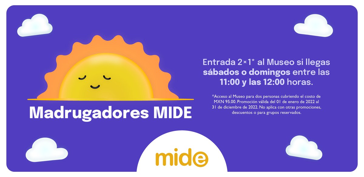 MuseoMIDE's tweet photo. Aprovecha la oferta #MadrugadoresMIDE, los sábados o domingos entre las 11:00 y las 12:00 horas, la entrada al MIDE está al 2x1. 

¡Te esperamos! 😎

#VenAlMIDE #ElMIDEteRinde #MuseoSeguro https://t.co/ZGiu8vDfcY