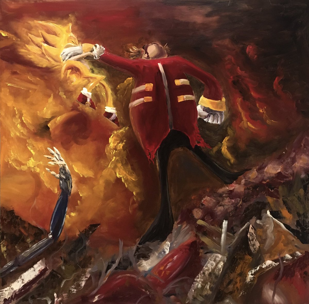 blazingarts909's tweet photo. Twitter, I need your help. I found this modded Eggman in Smash Bros screenshot and I cannot find the original post, but I turned it into a renaissance painting of Eggman chocking Super Sonic. I need you guys to find OP and just show him the painting lol #art #painting https://t.co/l8Errn431q