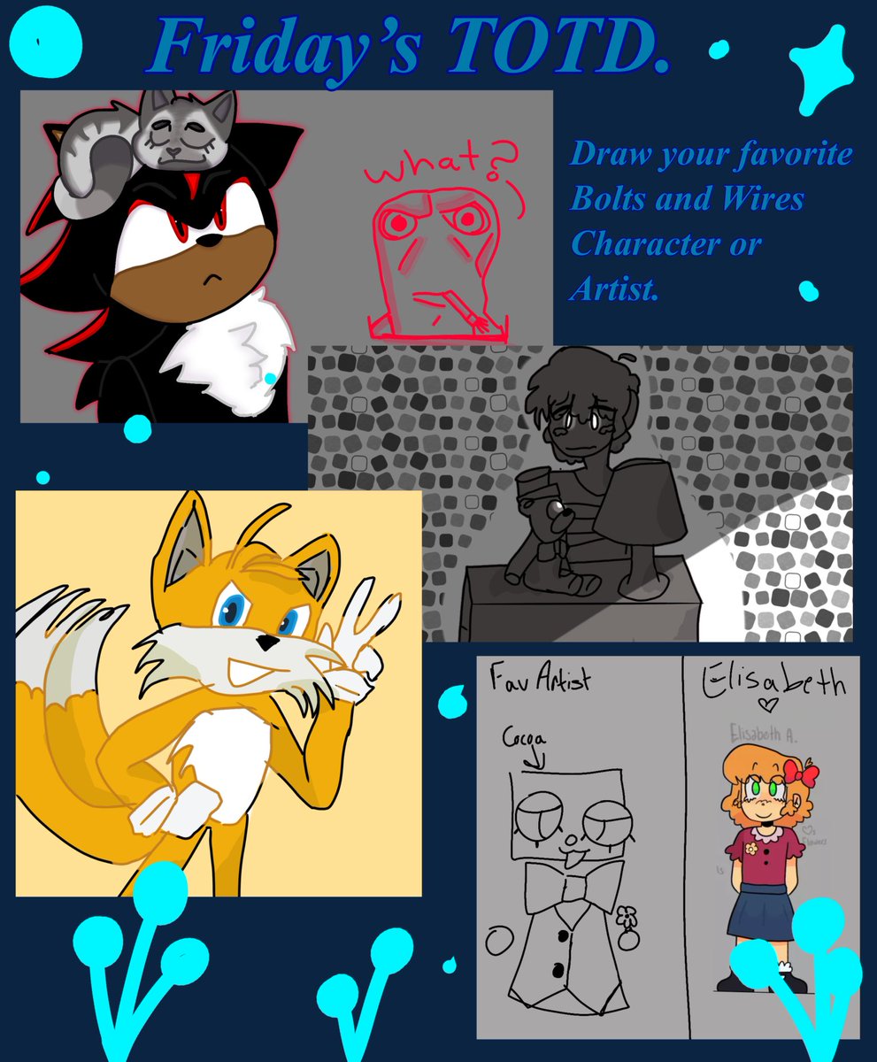 BOLTSANDWIRES's tweet photo. Friday: We had a lot of winners for this one! The “artists” people drew were the characters on the Artists’ discord profile pictures. My pfp used to be King Dice, hence onto why I’m drawn as him and Shadow.

Winners: clay’s shawty, @bonbunpuffy, Vanny and Jeremy. https://t.co/Uqcujo3H2j