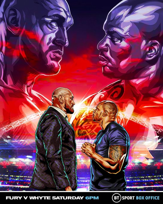 TYSON FURY (@tysonfuryfury) on Twitter photo #FuryWhyte | Saturday | BT Sport Box Office 🥊
@BTSportBoxing
·
8h
The Gypsy King. The Body Snatcher.
The Champion. The Challenger.
<a href="/Tyson_Fury/">TYSON FURY</a>
🆚
<a href="/DillianWhyte/">Dillian Whyte</a>
#FuryWhyte | Saturday | BT Sport Box Office #FuryWhyte | Saturday | BT Sport Box Office 🥊
@BTSportBoxing
·
8h
The Gypsy King. The Body Snatcher.
The Champion. The Challenger.
<a href="/Tyson_Fury/">TYSON FURY</a>
🆚
<a href="/DillianWhyte/">Dillian Whyte</a>
#FuryWhyte | Saturday | BT Sport Box Office