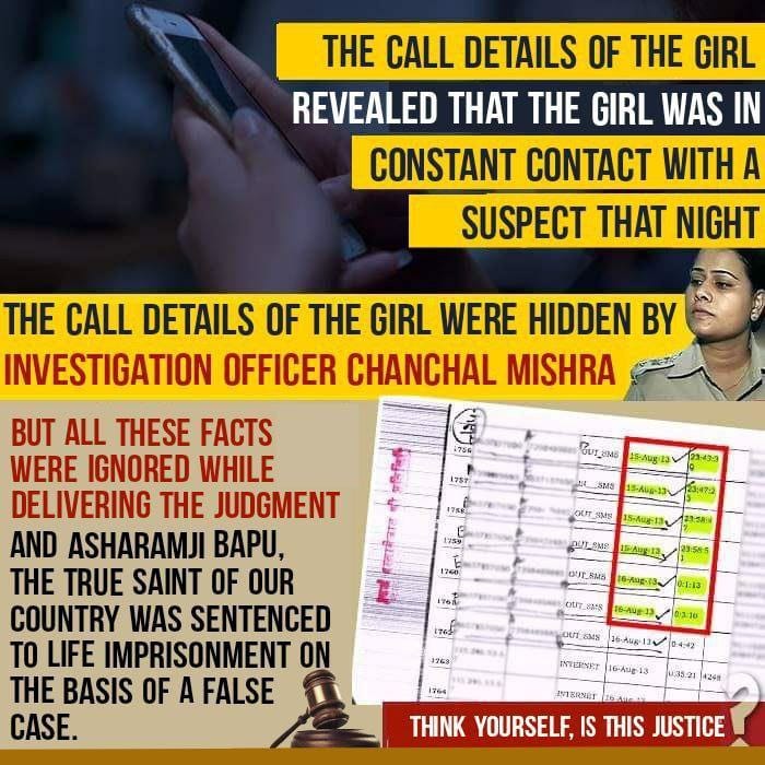 आज निर्दोष Sant Shri Asharamji Bapu वंचित रखे हैं कोर्ट ने
Right To Justice से, लेकिन कोर्ट ने एक बार भी क्यों नही जाननी चाही घटना की रात की लड़की की कॉल डिटेल्स ? उन्हें क्यों छुपाया गया है इस पर कोर्ट मौन क्यों ?
Evidence Hidden
#CallDetailExposedTruth