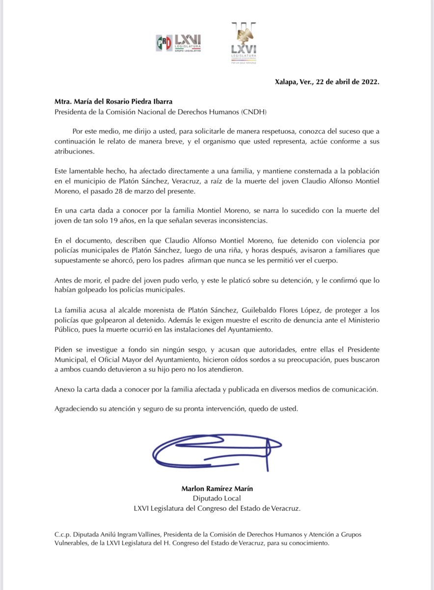 Marlon_RamirezM's tweet photo. Hice del conocimiento de @RosarioPiedraIb, titular de @CNDH, lo sucedido en el municipio de #PlatónSánchez, en donde la familia Montiel Moreno informó las inconsistencias que se presentaron en la detención y fallecimiento de su joven hijo Claudio Alfonso Montiel Moreno.

1/2 https://t.co/zG4tmgcrhG