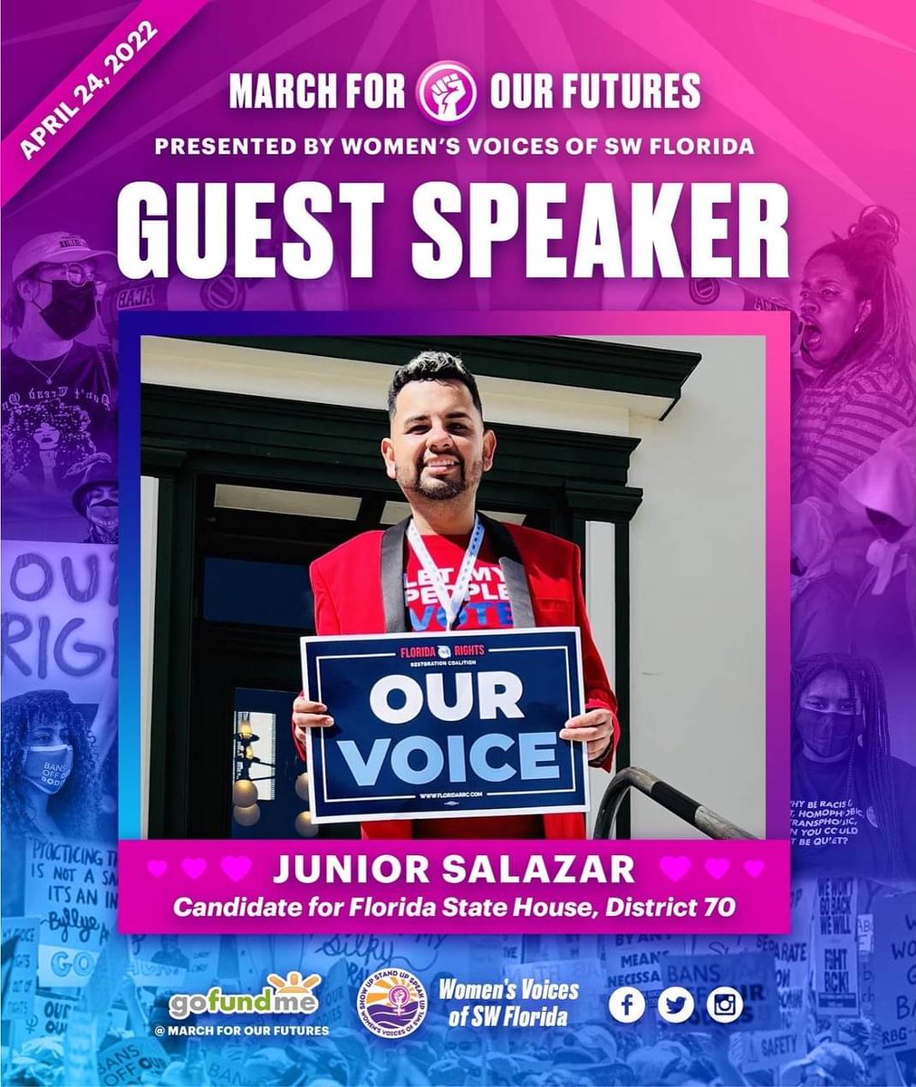VoicesOfFlorida's tweet photo. Thank you to Democratic Candidate for Florida State House 70, Junior Salazar, for being one of our guest speakers at the March for our Futures in Sarasota on April 24!! @Junior4FL #Florida #MFOF #HumanRights #AbortionIsHealthcare #LGBTQ https://t.co/PqSe2zvJxE