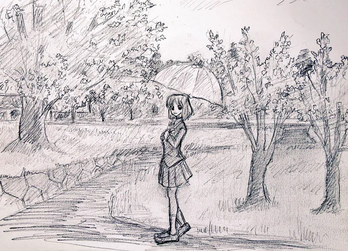 出先で1時間ほど空き時間があったので、シャーペン1本でスケッチ的な落書き  少し雨が降る中で若葉が綺麗でした  #和清の雑画帳