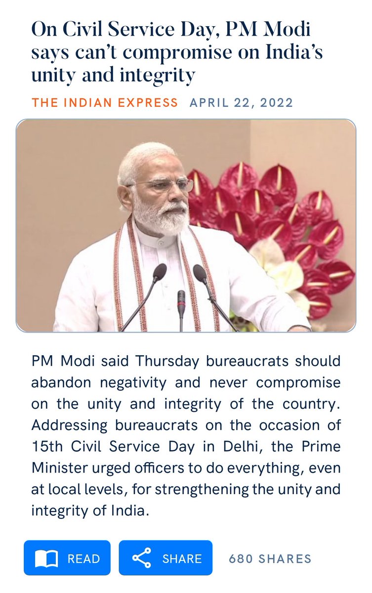 On Civil Service Day, PM Modi says can’t compromise on India’s unity and integrity indianexpress.com/article/india/… via NaMo App