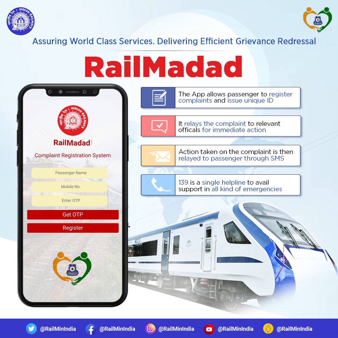 Ensuring your rights is our responsibility!

Indian Railways empowers its consumers through RailMadad, as we commit to constantly protect their access to help whenever in need.
We assure that all concerns are addressed & resolved within optimum time. https://t.co/pLDIhOR04S